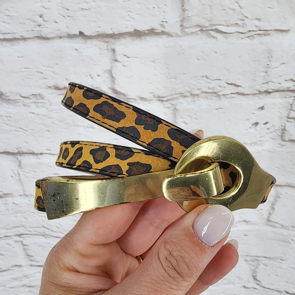 Leopard Print Leather Belt Skinny Gold XL Mob Wife Maximalist Work Office Hook